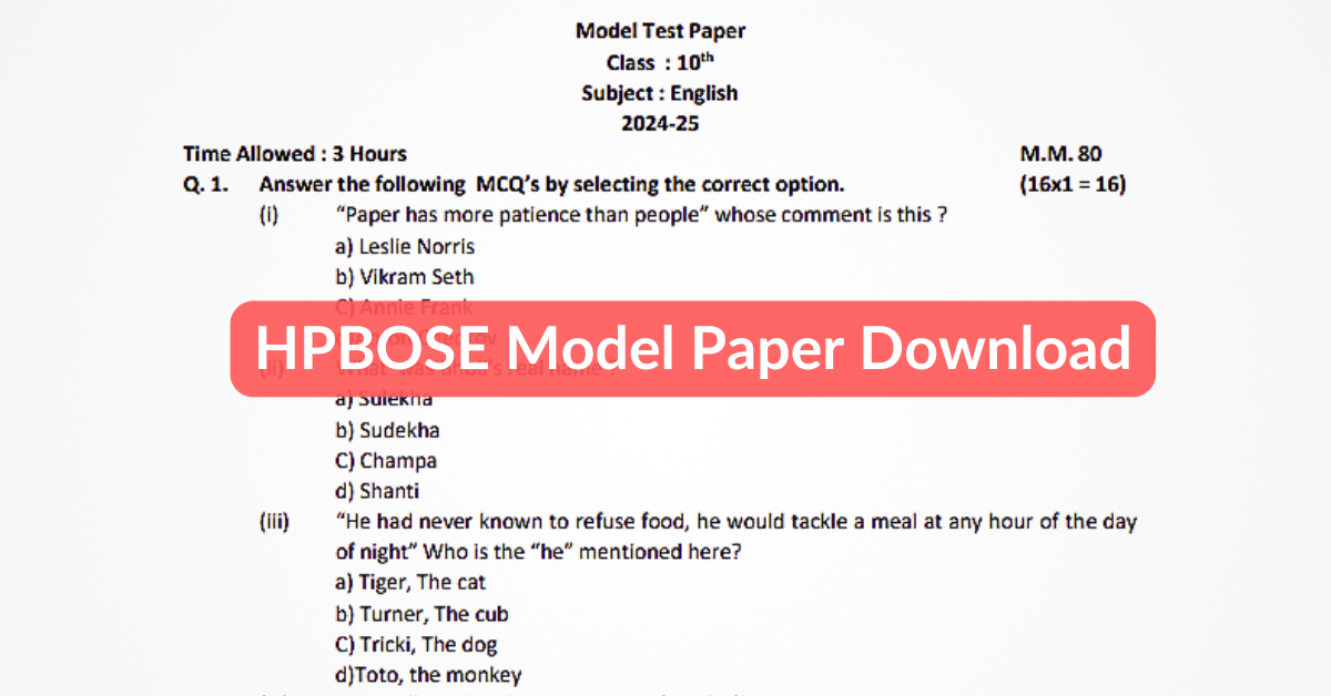 HPBOSE Model Paper Download